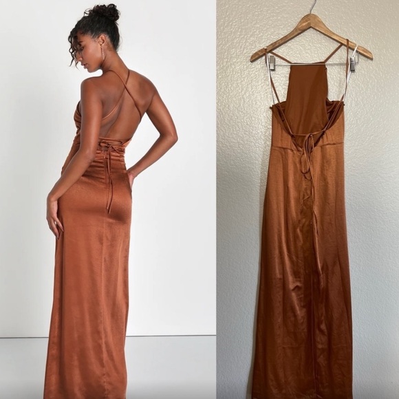 Bronze Satin Ruched Backless Maxi Dress Medium - Picture 2 of 7